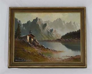 Oil/Linen Bavarian Lakeside Chapel Landscape, Munich