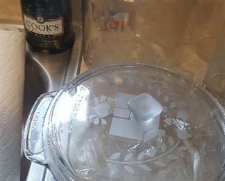 435. etched glassware casserole and cookie jar $