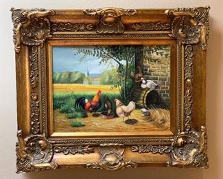 Roosters in the Barnyard Oil Painting on Bard 21x24.5x3in HxWxD