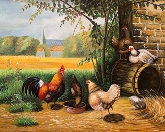 Roosters in the Barnyard Oil Painting on Bard 21x24.5x3in HxWxD