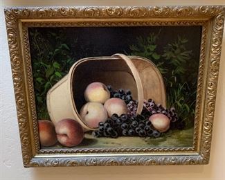 *Original* Art Fruit Basket Antique Oil Painting 17.5x21.5x2 HxWxD
