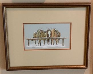 *Original* Art Robert Wagoner Horses on Hitching Post Painting 13x16x1in HxWxD