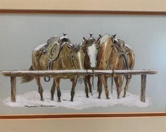 *Original* Art Robert Wagoner Horses on Hitching Post Painting 13x16x1in HxWxD