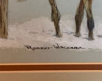 *Original* Art Robert Wagoner Horses on Hitching Post Painting 13x16x1in HxWxD
