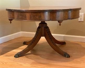 Antique Burl Wood Flamed Mahogany Table 20.5x34x34in HxWxD