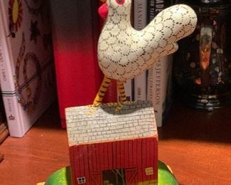 Tom Kelly Folk Art 3 piece Chicken on Barn 9x6x4in HxWxD