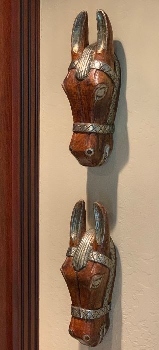 2pc Wood & Hammered Tin Horse Heads Pair 13.5x4x3in HxWxD