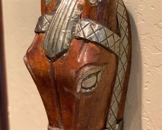 2pc Wood & Hammered Tin Horse Heads Pair 13.5x4x3in HxWxD
