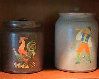2pc Lidded Stoneware Jugs 9in H x 6in Diameter & 7x6in Diameter