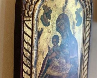 Carved Wood Gilt Finish Icon Jesus & Mary 13x10x1.5in HxWxD