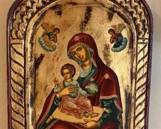 Carved Wood Gilt Finish Icon Jesus & Mary 13x10x1.5in HxWxD