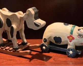 2pc Pig & Cow Wood Folk Art Decor Cow: 11x5x15in Pig: 6x6x12in HxWxD