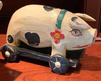 2pc Pig & Cow Wood Folk Art Decor Cow: 11x5x15in Pig: 6x6x12in HxWxD