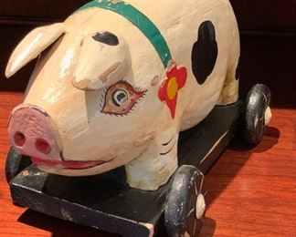2pc Pig & Cow Wood Folk Art Decor Cow: 11x5x15in Pig: 6x6x12in HxWxD
