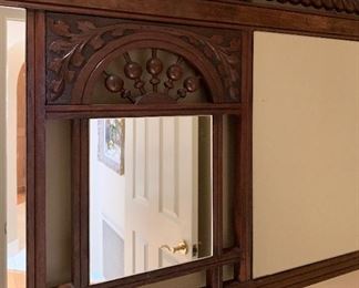 Antique Hand Carved Wood Frame Mirror & Hat Stand Wall Mounted 23x50x5in HxWxD