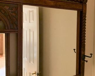 Antique Hand Carved Wood Frame Mirror & Hat Stand Wall Mounted 23x50x5in HxWxD
