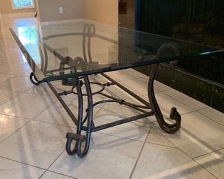 Metal Scroll Leg Glass Top Coffee Table 16x26x52in HxWxD