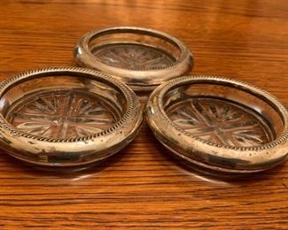 3 EB Rogers Sterling Silver Rimmed Glass Coasters 3.75in Diameter