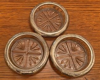 3 EB Rogers Sterling Silver Rimmed Glass Coasters 3.75in Diameter