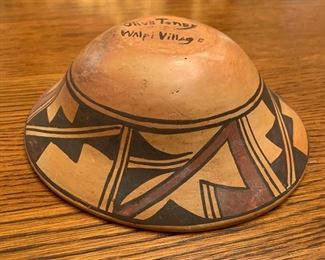 Native American Hop Pottery Olive Toney Walpi Village 2in H x 6.5in Diameter