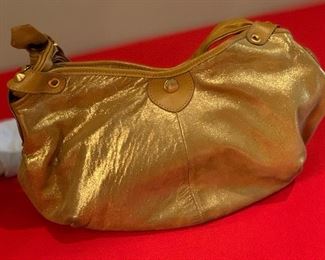 Jimmy Choo Gold Metallic Suede Bag/Handbag/Purse Made in Italy 8x14x6in HxWxD