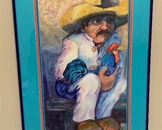 *Original* Art Julie Davie Watercolor Cowboy with rooster 28x18in
