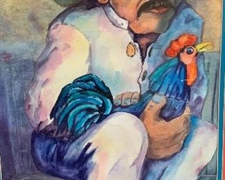 *Original* Art Julie Davie Watercolor Cowboy with rooster 28x18in