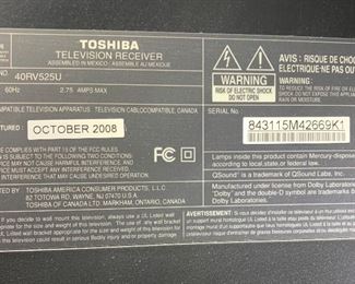 Toshiba 40in 1080p LCD TV 40RV525U 27x39x5in HxWxD