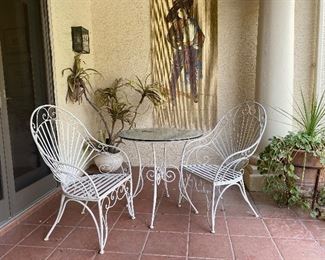 vintage wrought iron table & chairs bistro set garden furniture Table: 30 in diameter 28.5 tall chairs 24x24x39 in.