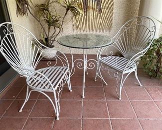 vintage wrought iron table & chairs bistro set garden furniture Table: 30 in diameter 28.5 tall chairs 24x24x39 in.