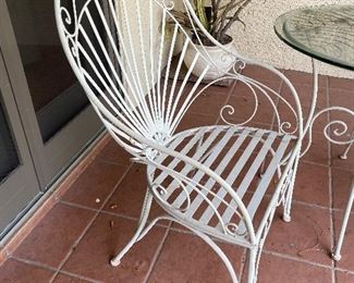 vintage wrought iron table & chairs bistro set garden furniture Table: 30 in diameter 28.5 tall chairs 24x24x39 in.