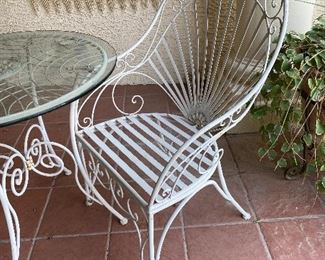 vintage wrought iron table & chairs bistro set garden furniture Table: 30 in diameter 28.5 tall chairs 24x24x39 in.
