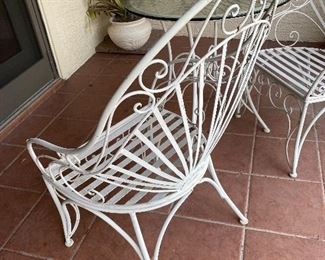 vintage wrought iron table & chairs bistro set garden furniture Table: 30 in diameter 28.5 tall chairs 24x24x39 in.