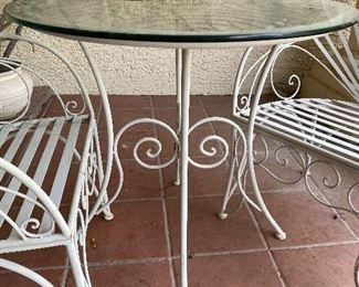 vintage wrought iron table & chairs bistro set garden furniture Table: 30 in diameter 28.5 tall chairs 24x24x39 in.