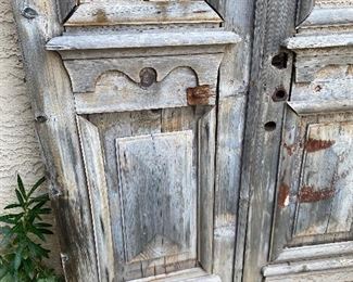 Old rustic wood and iron entry doors yard/garden art sold together 95in tall 22.5in wide each door HxWxD
