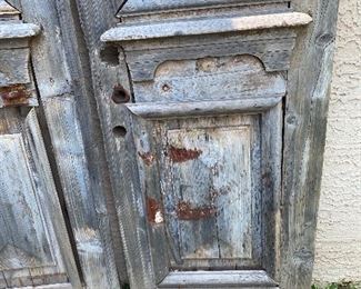 Old rustic wood and iron entry doors yard/garden art sold together 95in tall 22.5in wide each door HxWxD