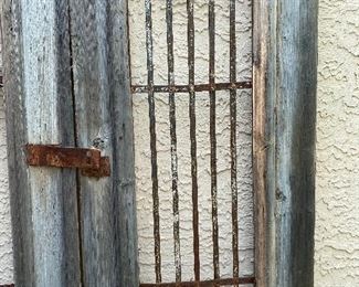 Old rustic wood and iron entry doors yard/garden art sold together 95in tall 22.5in wide each door HxWxD