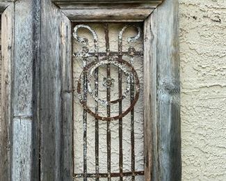 Old rustic wood and iron entry doors yard/garden art sold together 95in tall 22.5in wide each door HxWxD