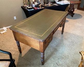 Oak & Leather top spindle leg executive desk 56in. X 30in x 29in