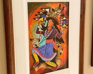 Large Original Navajo Painting by Andy Tsinajinnie, Dancing Native American lady 26in x 21in.