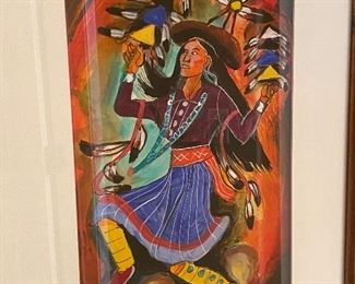 Large Original Navajo Painting by Andy Tsinajinnie, Dancing Native American lady 26in x 21in.
