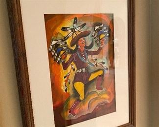 Large Original Navajo Painting by Andy Tsinajinnie, Dancing Native American man 26in x 21in.
