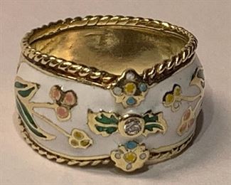 Yellow Gold and enameled flower wide ring. Size 6 14k