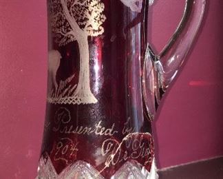 1904 World's Fair ruby red pitcher, as is, with cracks
