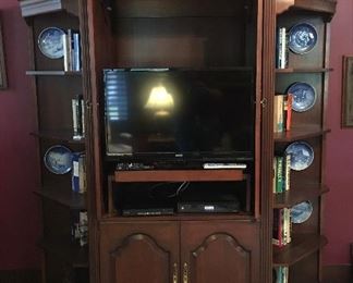 traditional TV entertainment center with shelves, 3 sections