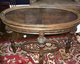 antique oval oak coffee table, carved
