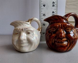 2 Piece Mini John Barleycorn/Moonface Mini Pitchers - Opalescent, Brown Drip attributed to Bennington -but not verified. (Bottoms unmarked) $20