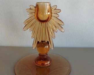 Beautiful Amber candleholder with floral etched base $6