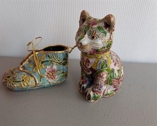 Cloisonne shoe and cat pair for $28