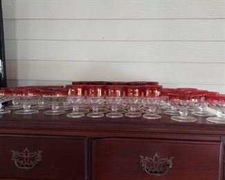 Tiffin Kings Crown Cranberry Flash Thumbprint  45 Pc: 18 Sherbet, 2 Candlestick Holders (Look like the sherbet),19 (4.25" H) Bigger Glasses, 6 (3.75" H) Smaller Glasses $200